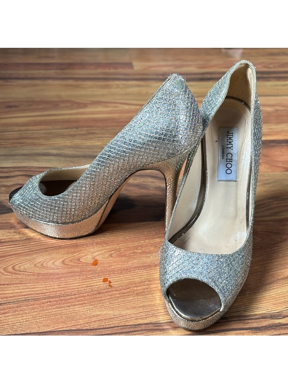Jimmy Choo Silver Sparkle Peep-Toe Platform Heels size 38/7.5